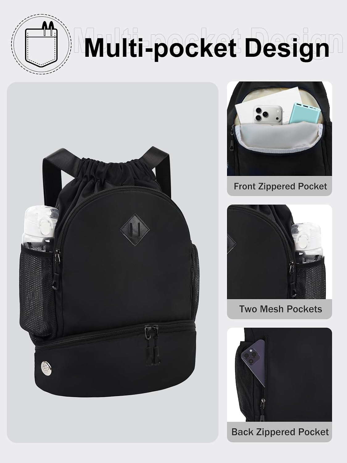 Drawstring Backpack Gym Backpack with Shoe Compartment for Men Women String Sports Bag with Wet Pocket Cinch Swim Beach Bag, Large Purple