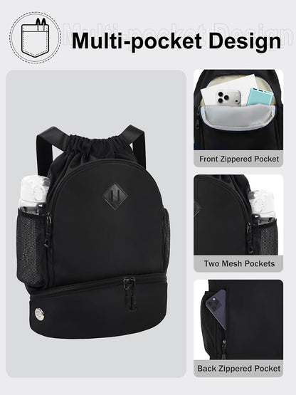 Drawstring Backpack Gym Backpack with Shoe Compartment for Men Women String Sports Bag with Wet Pocket Cinch Swim Beach Bag, Large Purple