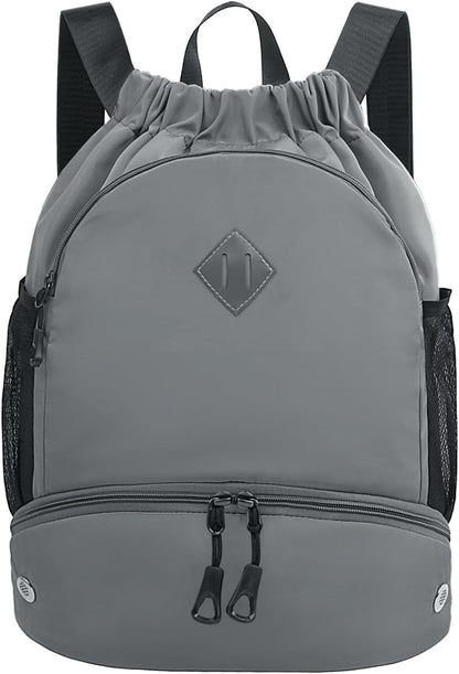 Drawstring Backpack Gym Backpack with Shoe Compartment for Men Women String Sports Bag with Wet Pocket Cinch Swim Beach Bag, Large Purple