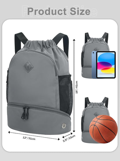 Drawstring Backpack Gym Backpack with Shoe Compartment for Men Women String Sports Bag with Wet Pocket Cinch Swim Beach Bag, Large Purple