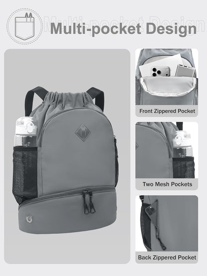 Drawstring Backpack Gym Backpack with Shoe Compartment for Men Women String Sports Bag with Wet Pocket Cinch Swim Beach Bag, Large Purple