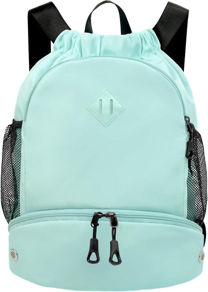 Drawstring Backpack Gym Backpack with Shoe Compartment for Men Women String Sports Bag with Wet Pocket Cinch Swim Beach Bag, Large Purple