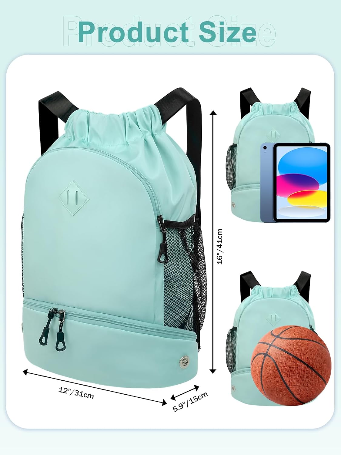 Drawstring Backpack Gym Backpack with Shoe Compartment for Men Women String Sports Bag with Wet Pocket Cinch Swim Beach Bag, Large Purple