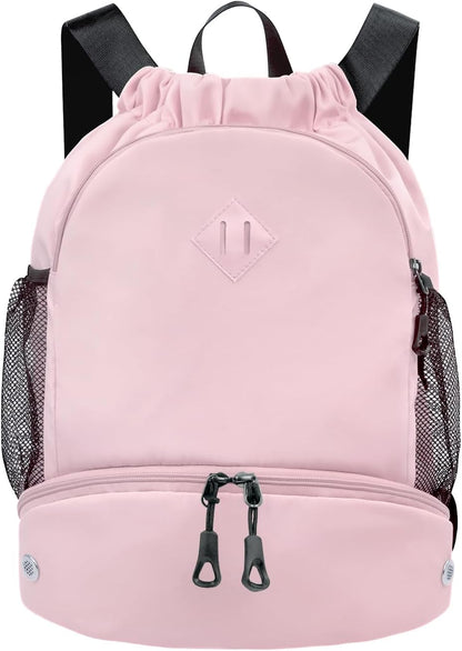 Drawstring Backpack Gym Backpack with Shoe Compartment for Men Women String Sports Bag with Wet Pocket Cinch Swim Beach Bag, Large Purple