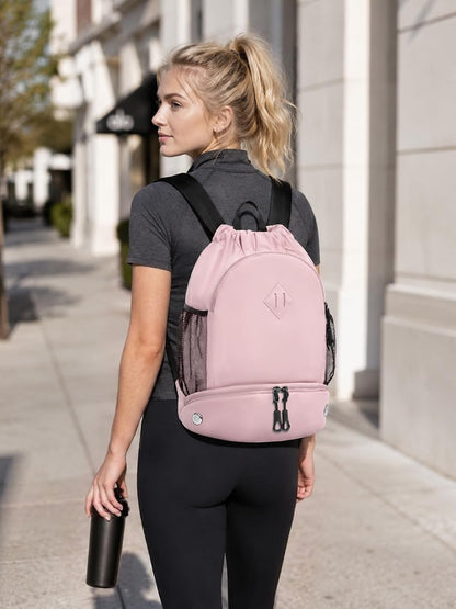 Drawstring Backpack Gym Backpack with Shoe Compartment for Men Women String Sports Bag with Wet Pocket Cinch Swim Beach Bag, Large Purple