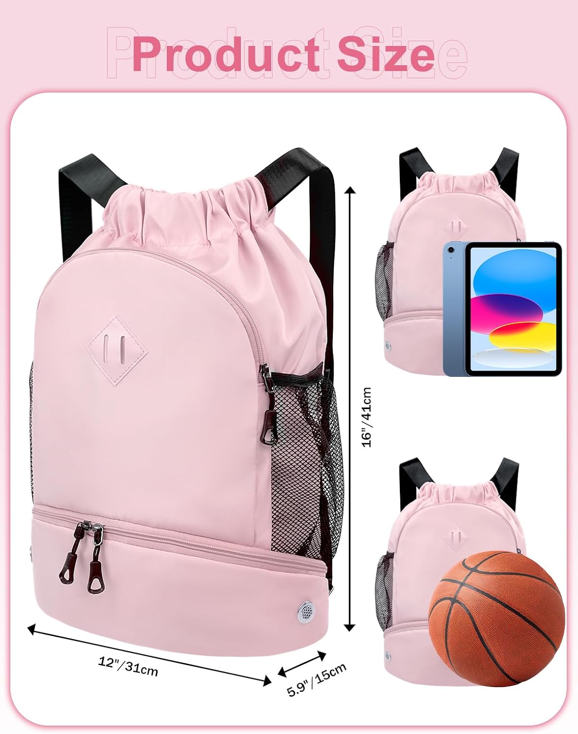 Drawstring Backpack Gym Backpack with Shoe Compartment for Men Women String Sports Bag with Wet Pocket Cinch Swim Beach Bag, Large Purple