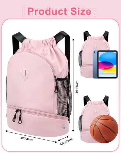 Drawstring Backpack Gym Backpack with Shoe Compartment for Men Women String Sports Bag with Wet Pocket Cinch Swim Beach Bag, Large Purple