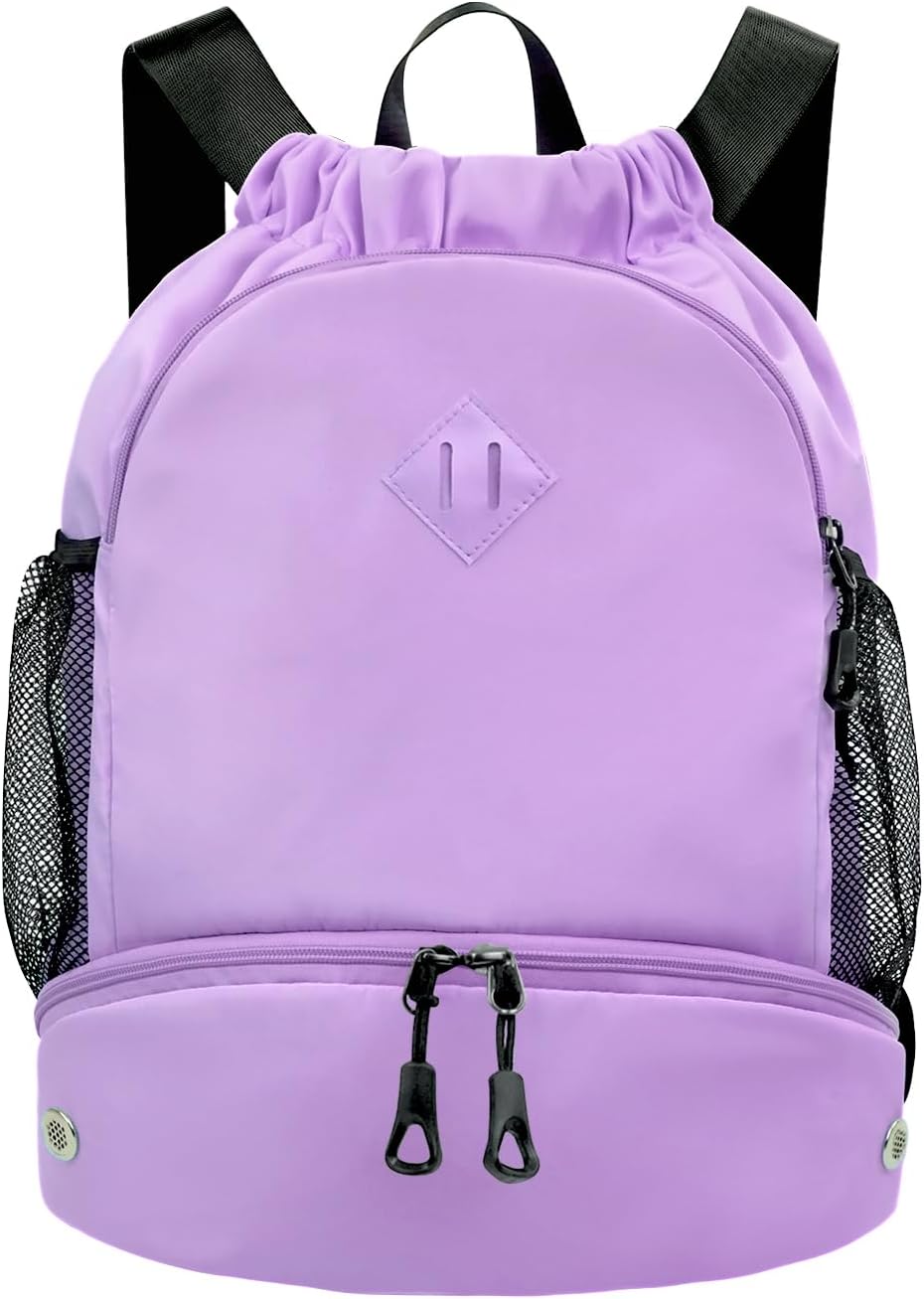 Drawstring Backpack Gym Backpack with Shoe Compartment for Men Women String Sports Bag with Wet Pocket Cinch Swim Beach Bag, Large Purple