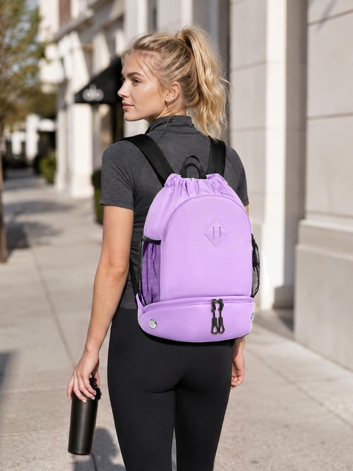 Drawstring Backpack Gym Backpack with Shoe Compartment for Men Women String Sports Bag with Wet Pocket Cinch Swim Beach Bag, Large Purple