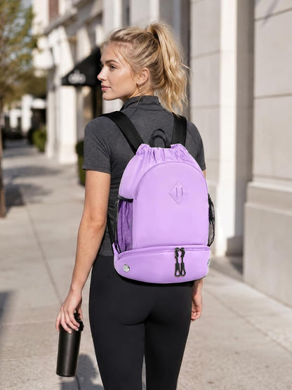 Drawstring Backpack Gym Backpack with Shoe Compartment for Men Women String Sports Bag with Wet Pocket Cinch Swim Beach Bag, Large Purple