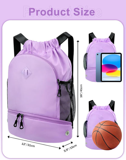 Drawstring Backpack Gym Backpack with Shoe Compartment for Men Women String Sports Bag with Wet Pocket Cinch Swim Beach Bag, Large Purple