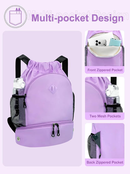 Drawstring Backpack Gym Backpack with Shoe Compartment for Men Women String Sports Bag with Wet Pocket Cinch Swim Beach Bag, Large Purple