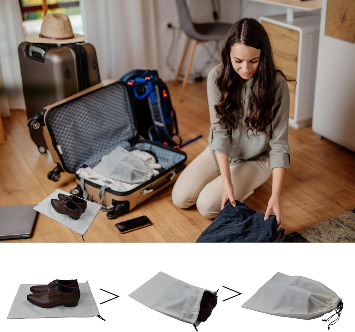 4 Pack Shoe Bags for Travel Flannel Single Shoe Pouch with Drawstring for Men Women Travel Protecting Storing Shoes