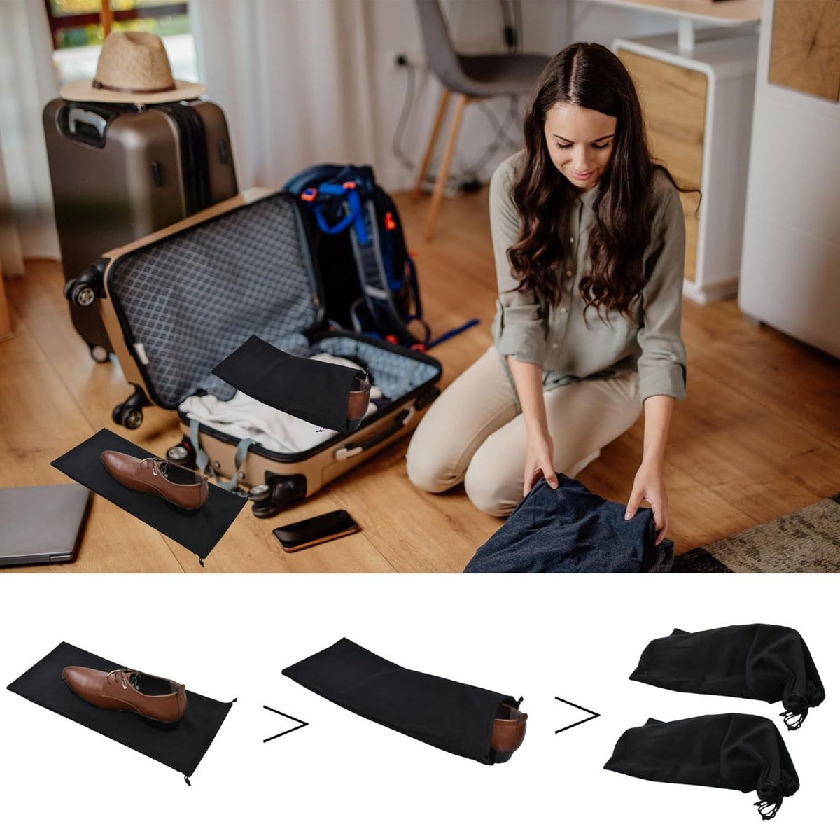 4 Pack Shoe Bags for Travel Flannel Single Shoe Pouch with Drawstring for Men Women Travel Protecting Storing Shoes