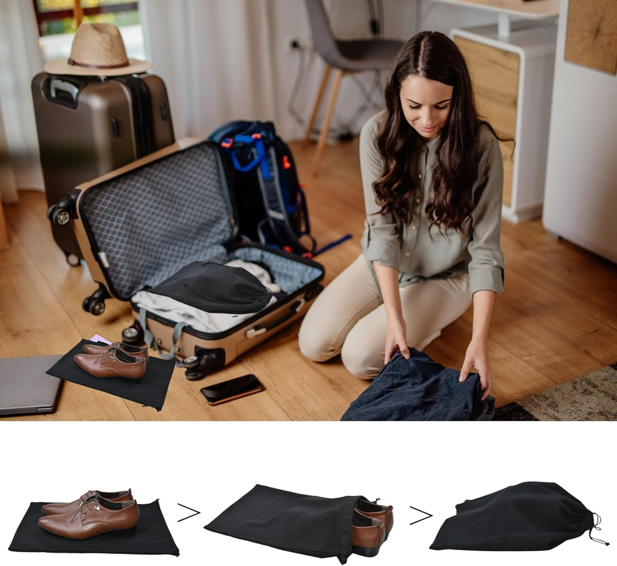 4 Pack Shoe Bags for Travel Flannel Single Shoe Pouch with Drawstring for Men Women Travel Protecting Storing Shoes
