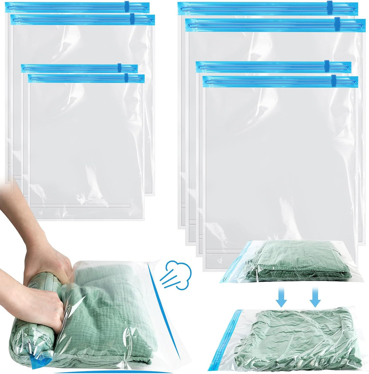 Vacuum Seal Bags for Clothing 8 Pack, Roll-Up Compression, No Need for Machine or Pump, Space Saver Vacuum Storage Bags for Travel Clothes, Compression Packing Cubes for Luggage and Suitcase