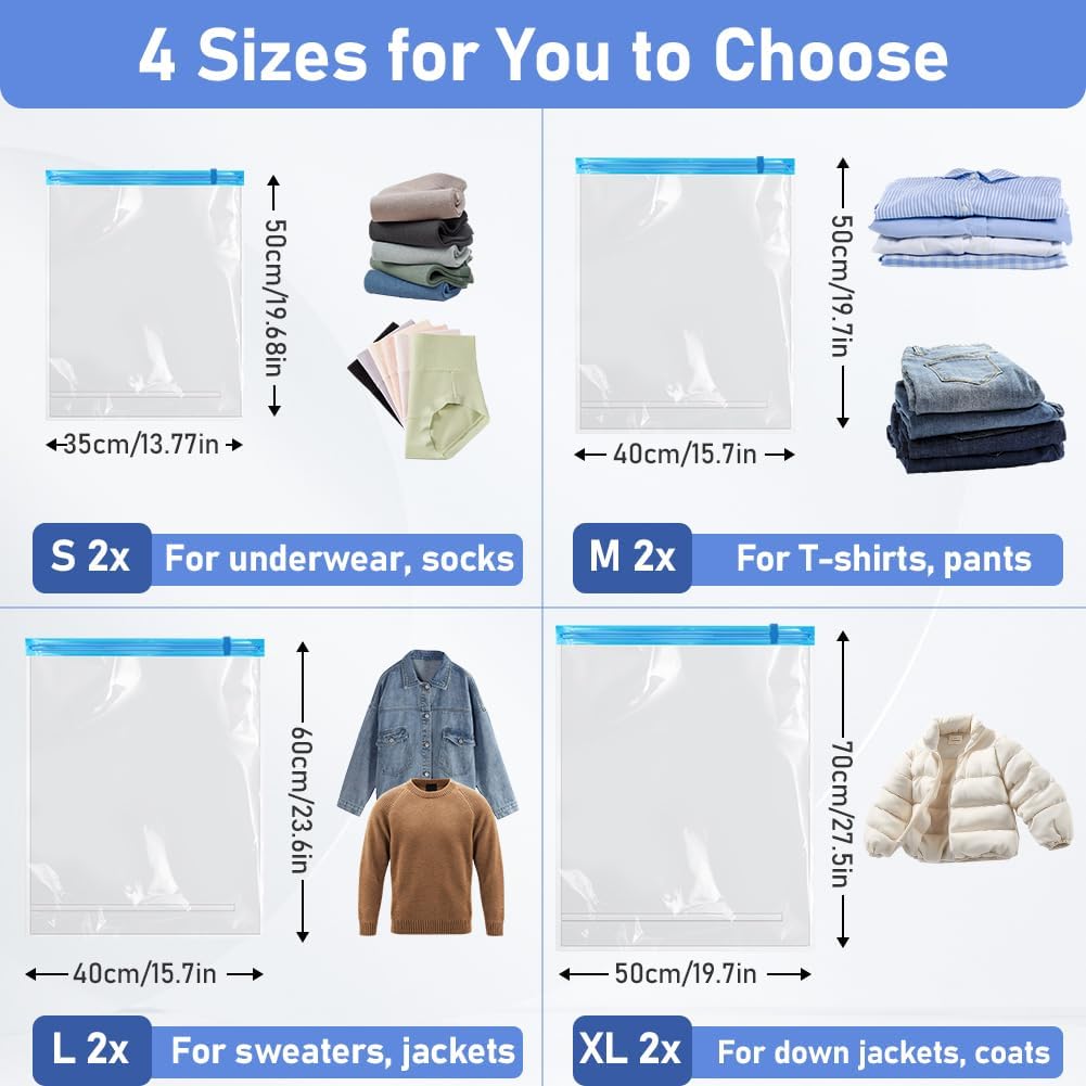 Vacuum Seal Bags for Clothing 8 Pack, Roll-Up Compression, No Need for Machine or Pump, Space Saver Vacuum Storage Bags for Travel Clothes, Compression Packing Cubes for Luggage and Suitcase