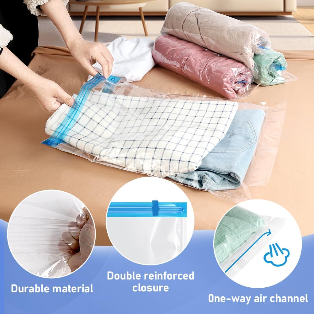 Vacuum Seal Bags for Clothing 8 Pack, Roll-Up Compression, No Need for Machine or Pump, Space Saver Vacuum Storage Bags for Travel Clothes, Compression Packing Cubes for Luggage and Suitcase