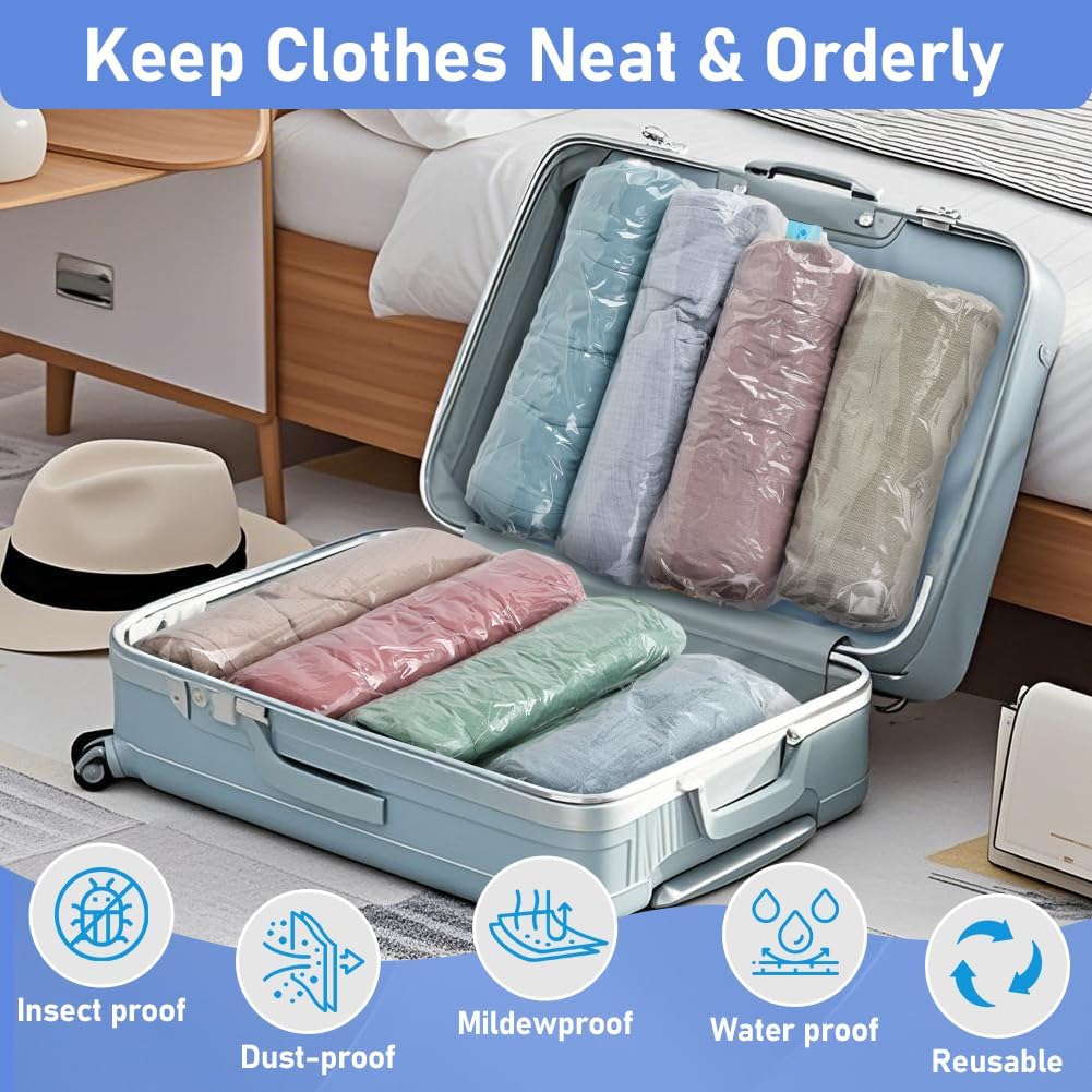 Vacuum Seal Bags for Clothing 8 Pack, Roll-Up Compression, No Need for Machine or Pump, Space Saver Vacuum Storage Bags for Travel Clothes, Compression Packing Cubes for Luggage and Suitcase