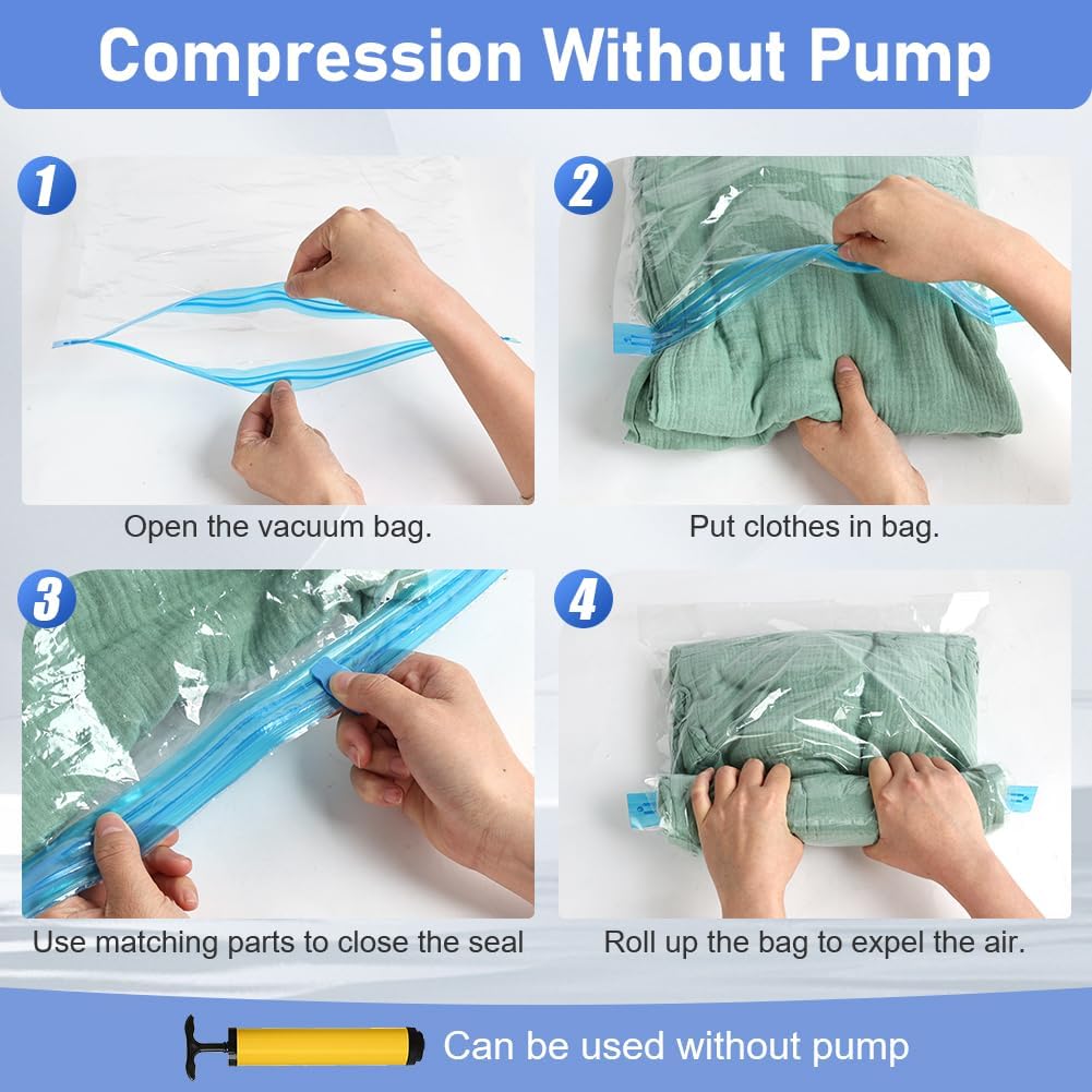 Vacuum Seal Bags for Clothing 8 Pack, Roll-Up Compression, No Need for Machine or Pump, Space Saver Vacuum Storage Bags for Travel Clothes, Compression Packing Cubes for Luggage and Suitcase
