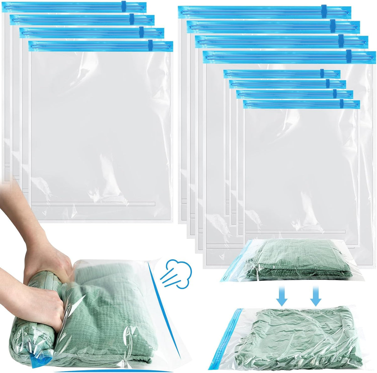 Vacuum Seal Bags for Clothing 8 Pack, Roll-Up Compression, No Need for Machine or Pump, Space Saver Vacuum Storage Bags for Travel Clothes, Compression Packing Cubes for Luggage and Suitcase