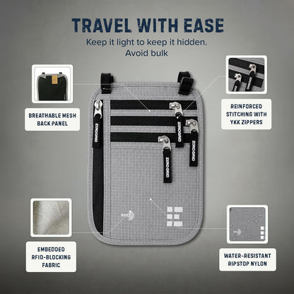 Neck Wallet for Travel & Passport Holder with RFID Blocking - Slim & Easy to Conceal Nylon Travel Pouch for men & women - Holds Phone, Cash, Cards, Keys - Sweat & Water Resistant - Large - Beige