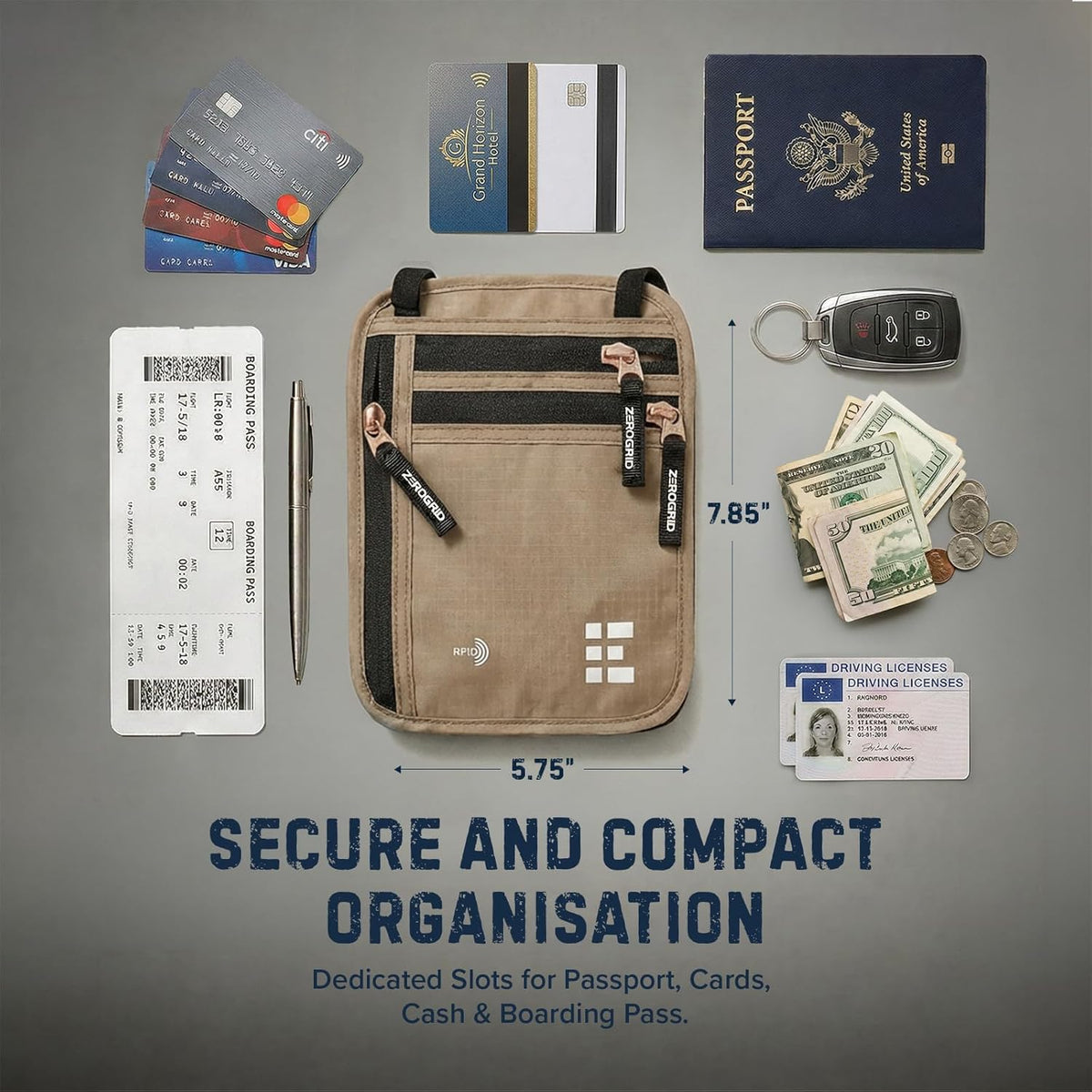 Neck Wallet for Travel & Passport Holder with RFID Blocking - Slim & Easy to Conceal Nylon Travel Pouch for men & women - Holds Phone, Cash, Cards, Keys - Sweat & Water Resistant - Large - Beige