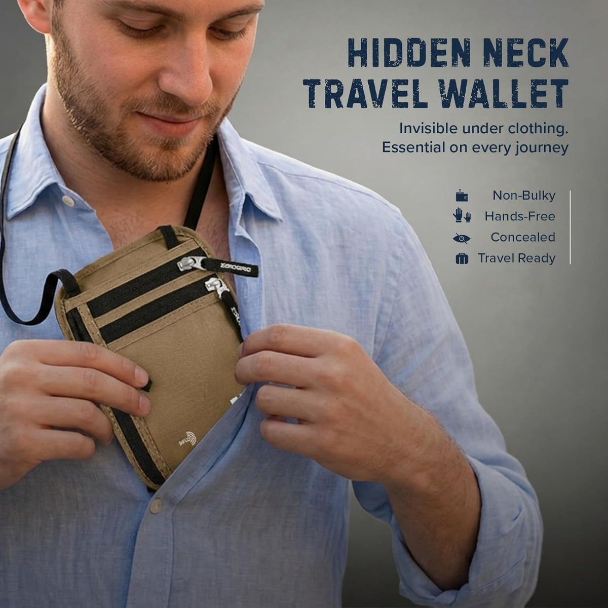 Neck Wallet for Travel & Passport Holder with RFID Blocking - Slim & Easy to Conceal Nylon Travel Pouch for men & women - Holds Phone, Cash, Cards, Keys - Sweat & Water Resistant - Large - Beige