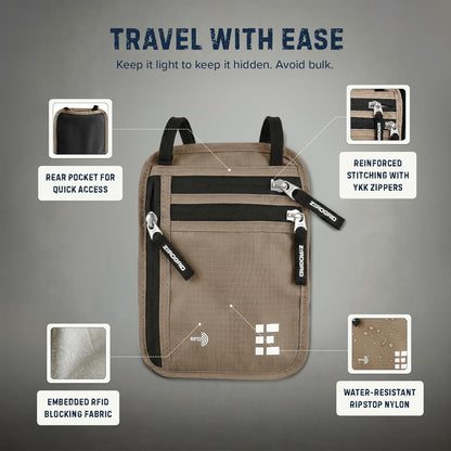 Neck Wallet for Travel & Passport Holder with RFID Blocking - Slim & Easy to Conceal Nylon Travel Pouch for men & women - Holds Phone, Cash, Cards, Keys - Sweat & Water Resistant - Large - Beige