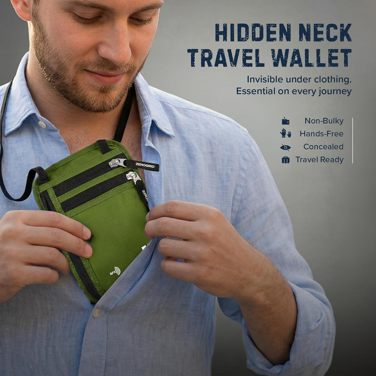 Neck Wallet for Travel & Passport Holder with RFID Blocking - Slim & Easy to Conceal Nylon Travel Pouch for men & women - Holds Phone, Cash, Cards, Keys - Sweat & Water Resistant - Large - Beige
