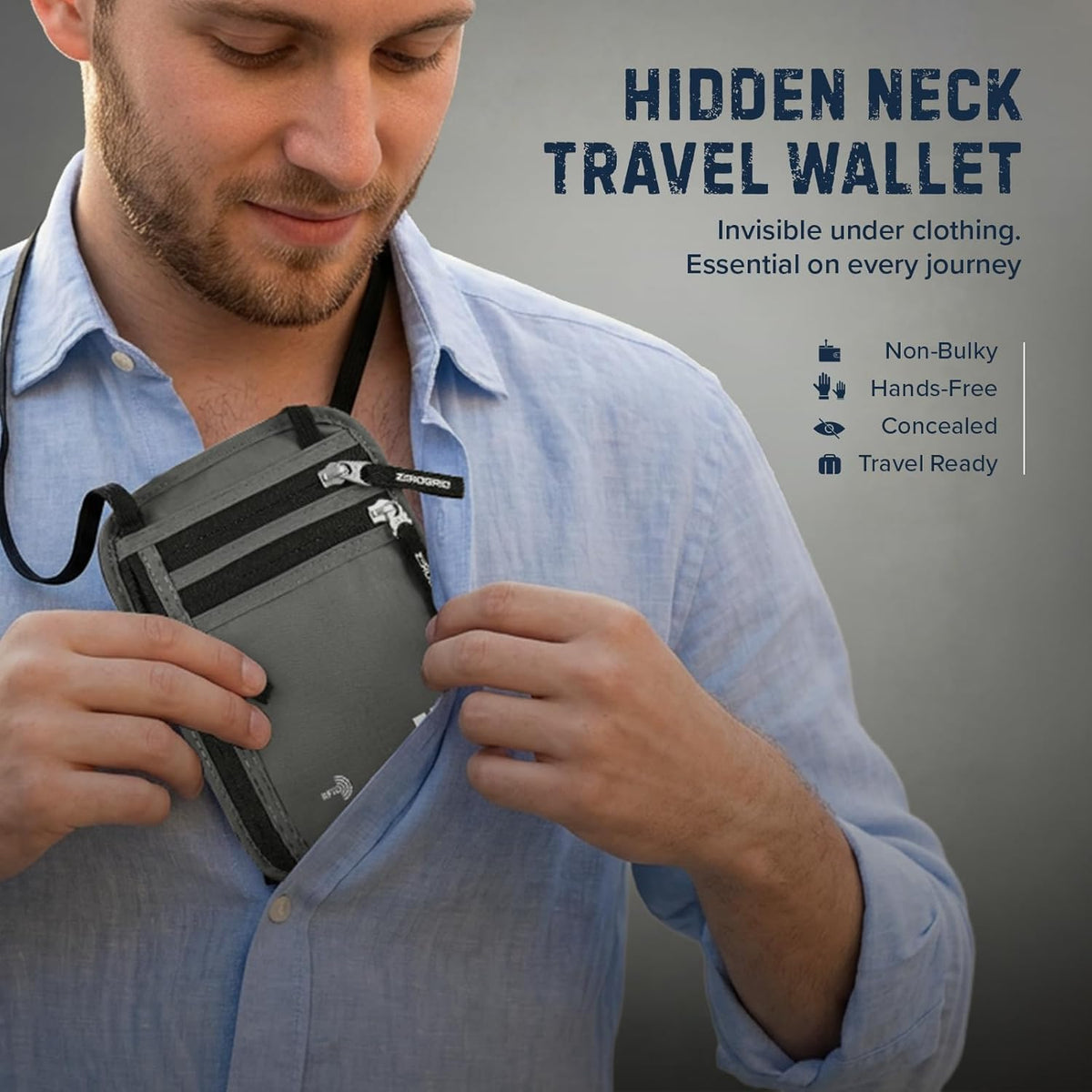 Neck Wallet for Travel & Passport Holder with RFID Blocking - Slim & Easy to Conceal Nylon Travel Pouch for men & women - Holds Phone, Cash, Cards, Keys - Sweat & Water Resistant - Large - Beige