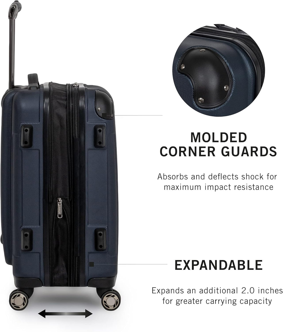 REACTION Renegade Luggage Expandable 8-Wheel Spinner Lightweight Hardside Suitcase, Navy Blue, 20-Inch Carry On