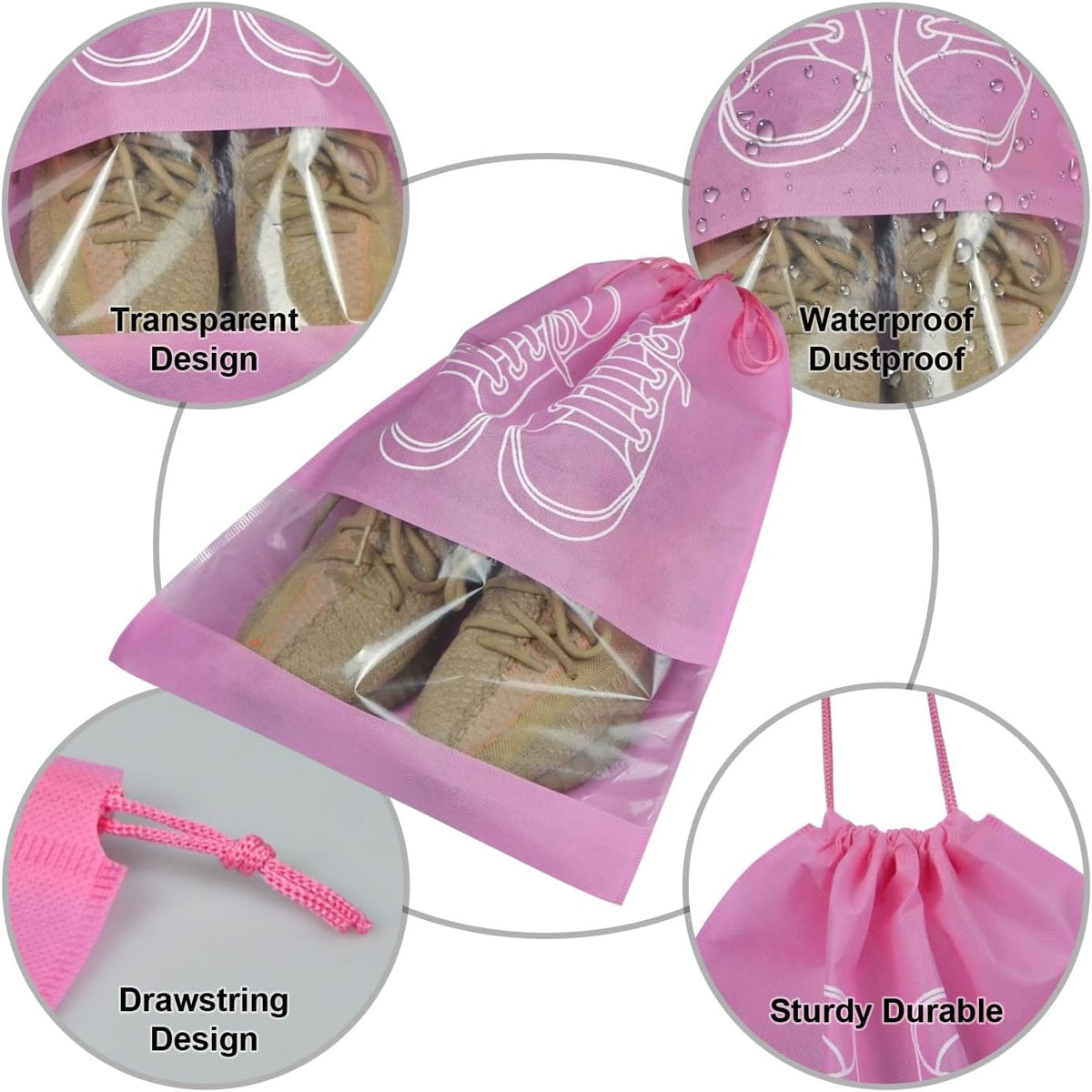5 Pack Shoe Bags for Travel, Drawstring Bag for Men Women, Shoe Storage, Travel Essentials, Organization Accessories (5, Pink)