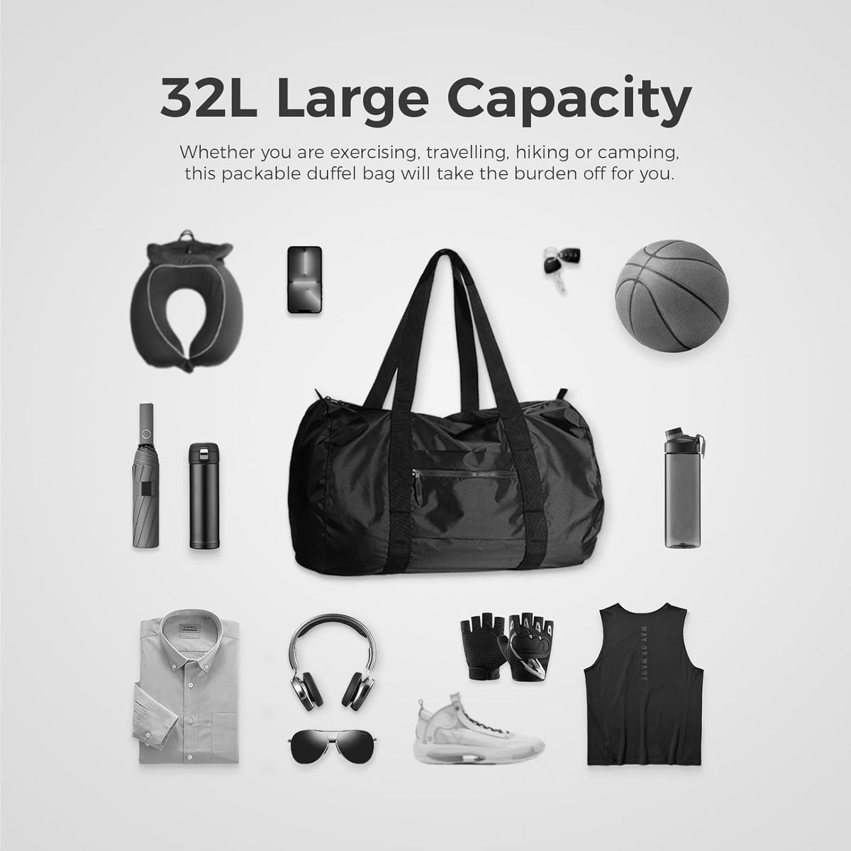 45L Foldable Duffel Bag, Water-Resistant Sports Gym Bag, Portable Weekender Bag Lightweight for Travel, Fitness and Camping (Navy Blue)