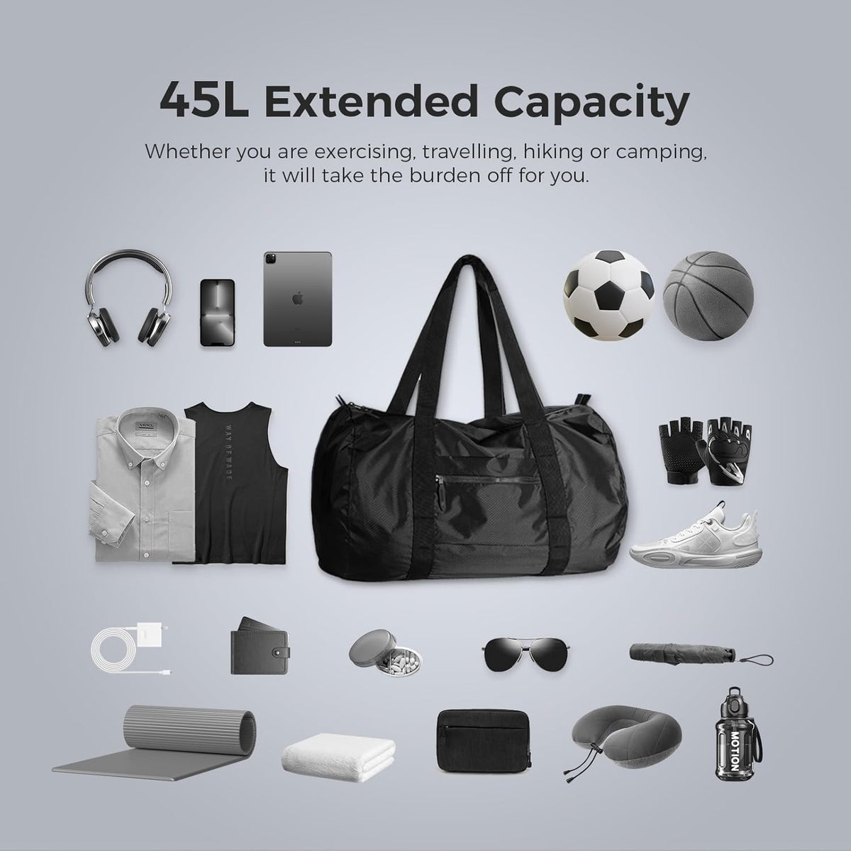 45L Foldable Duffel Bag, Water-Resistant Sports Gym Bag, Portable Weekender Bag Lightweight for Travel, Fitness and Camping (Navy Blue)
