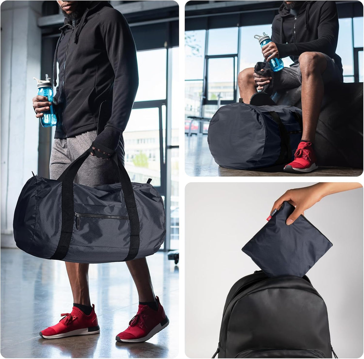 45L Foldable Duffel Bag, Water-Resistant Sports Gym Bag, Portable Weekender Bag Lightweight for Travel, Fitness and Camping (Navy Blue)