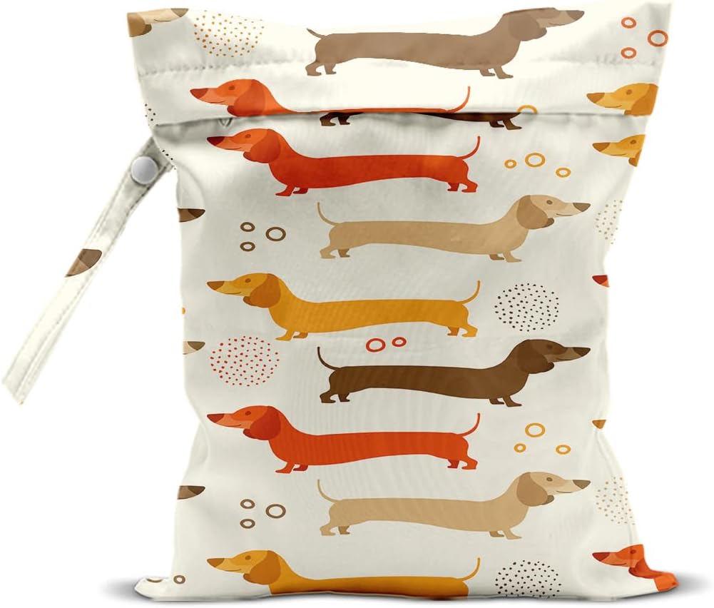 2Pcs Dog Wet Bags 12x10 Inch, Cute Dogs Waterproof Travel Laundry Bags, Washable Reusable Wet Dry Bag for Swimsuit Beach Diapers Dirty Yoga Gym Clothes, Dachshund Gifts for Women Friend Travelers
