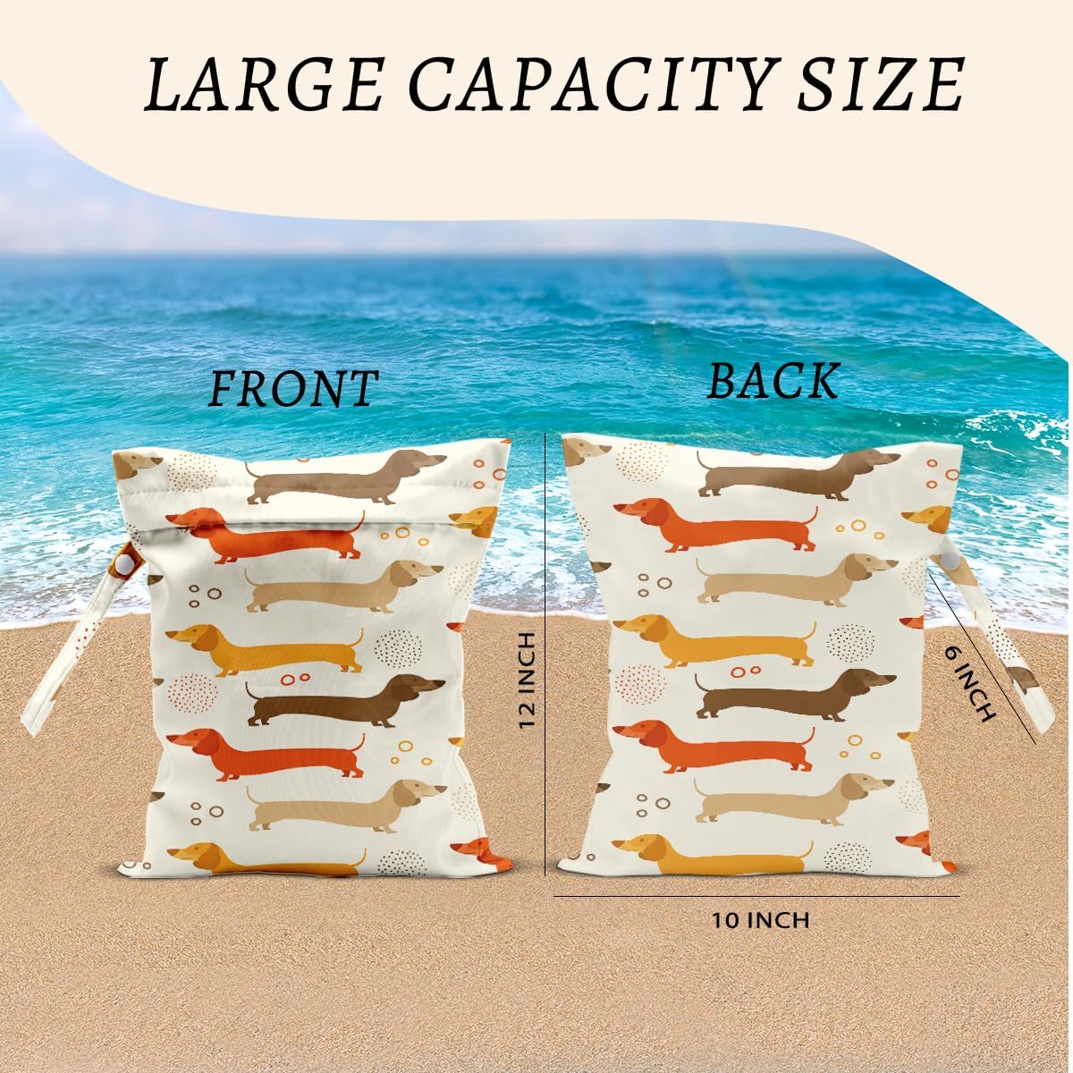 2Pcs Dog Wet Bags 12x10 Inch, Cute Dogs Waterproof Travel Laundry Bags, Washable Reusable Wet Dry Bag for Swimsuit Beach Diapers Dirty Yoga Gym Clothes, Dachshund Gifts for Women Friend Travelers