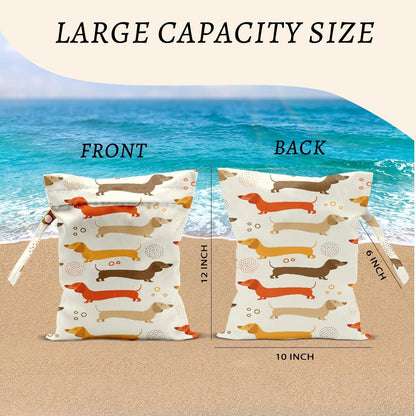 2Pcs Dog Wet Bags 12x10 Inch, Cute Dogs Waterproof Travel Laundry Bags, Washable Reusable Wet Dry Bag for Swimsuit Beach Diapers Dirty Yoga Gym Clothes, Dachshund Gifts for Women Friend Travelers