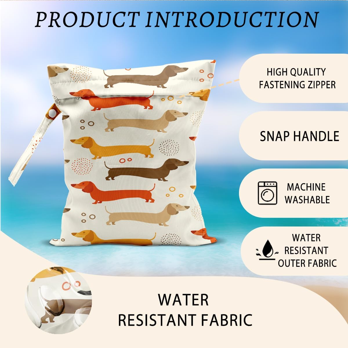 2Pcs Dog Wet Bags 12x10 Inch, Cute Dogs Waterproof Travel Laundry Bags, Washable Reusable Wet Dry Bag for Swimsuit Beach Diapers Dirty Yoga Gym Clothes, Dachshund Gifts for Women Friend Travelers