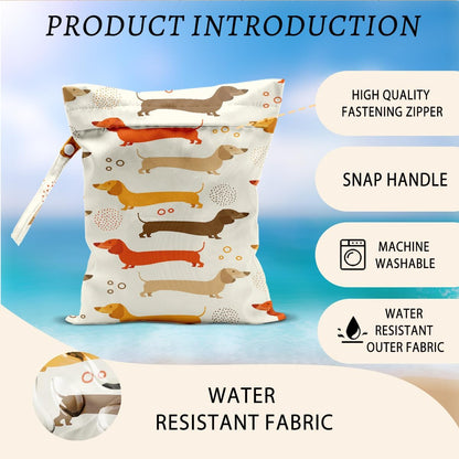 2Pcs Dog Wet Bags 12x10 Inch, Cute Dogs Waterproof Travel Laundry Bags, Washable Reusable Wet Dry Bag for Swimsuit Beach Diapers Dirty Yoga Gym Clothes, Dachshund Gifts for Women Friend Travelers
