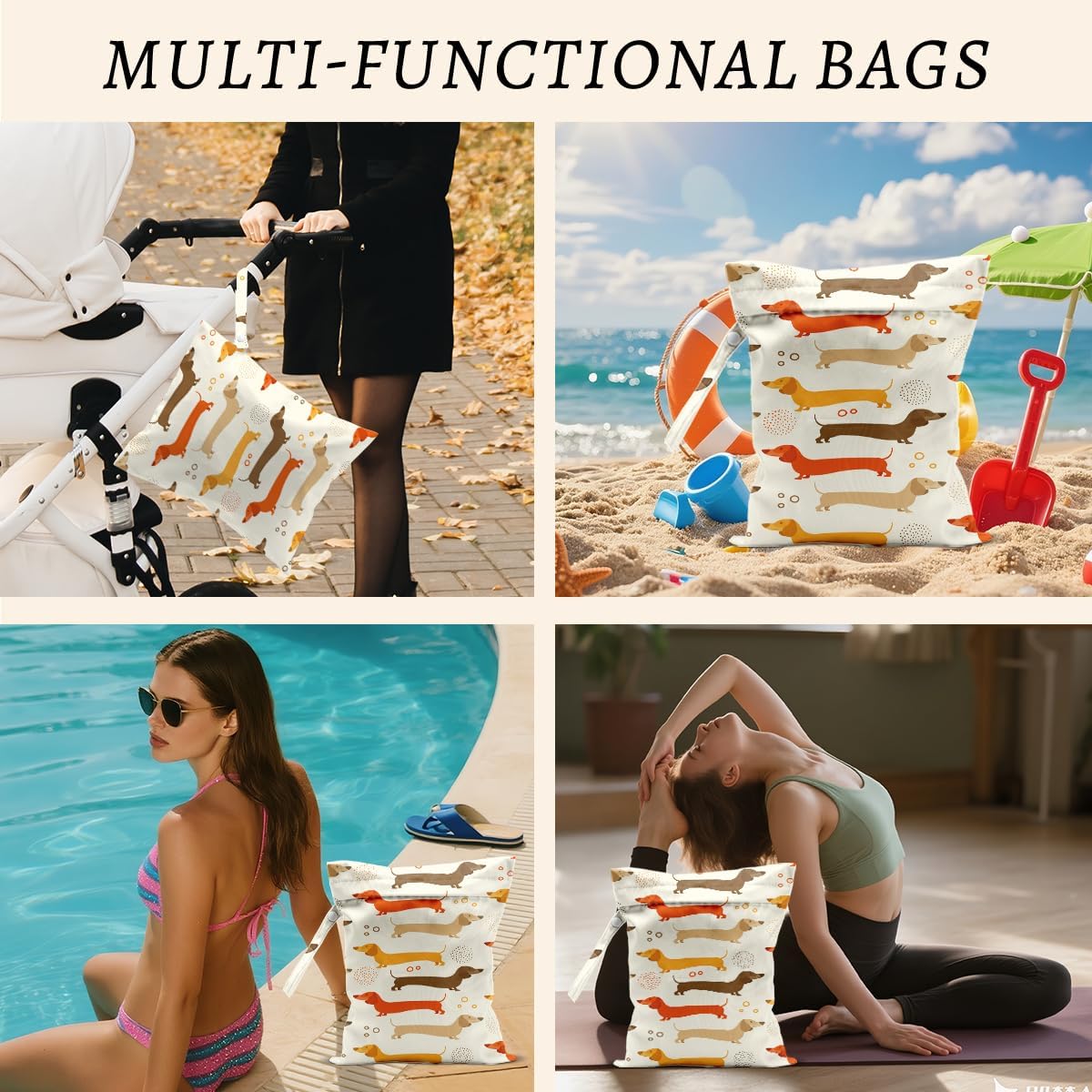 2Pcs Dog Wet Bags 12x10 Inch, Cute Dogs Waterproof Travel Laundry Bags, Washable Reusable Wet Dry Bag for Swimsuit Beach Diapers Dirty Yoga Gym Clothes, Dachshund Gifts for Women Friend Travelers