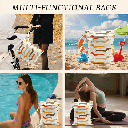 2Pcs Dog Wet Bags 12x10 Inch, Cute Dogs Waterproof Travel Laundry Bags, Washable Reusable Wet Dry Bag for Swimsuit Beach Diapers Dirty Yoga Gym Clothes, Dachshund Gifts for Women Friend Travelers
