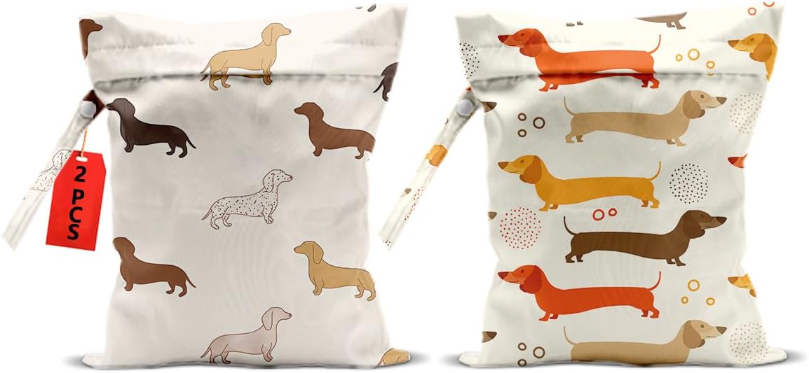 2Pcs Dog Wet Bags 12x10 Inch, Cute Dogs Waterproof Travel Laundry Bags, Washable Reusable Wet Dry Bag for Swimsuit Beach Diapers Dirty Yoga Gym Clothes, Dachshund Gifts for Women Friend Travelers