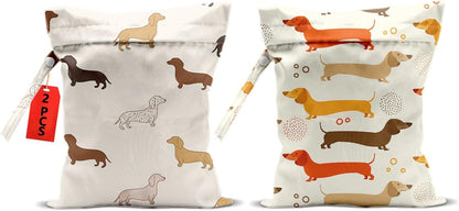 2Pcs Dog Wet Bags 12x10 Inch, Cute Dogs Waterproof Travel Laundry Bags, Washable Reusable Wet Dry Bag for Swimsuit Beach Diapers Dirty Yoga Gym Clothes, Dachshund Gifts for Women Friend Travelers