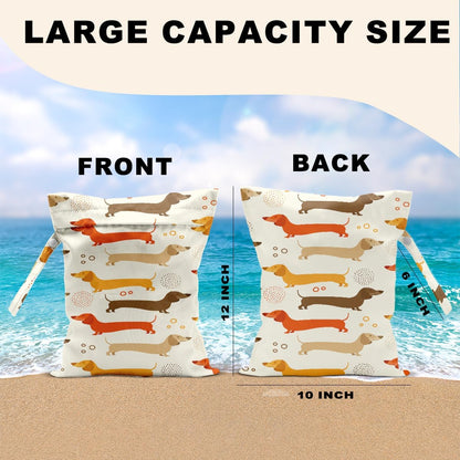 2Pcs Dog Wet Bags 12x10 Inch, Cute Dogs Waterproof Travel Laundry Bags, Washable Reusable Wet Dry Bag for Swimsuit Beach Diapers Dirty Yoga Gym Clothes, Dachshund Gifts for Women Friend Travelers