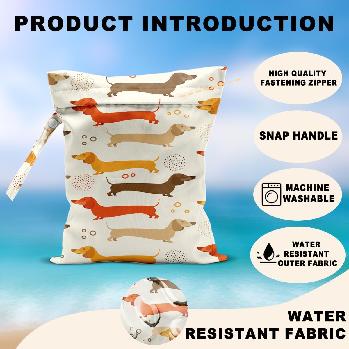 2Pcs Dog Wet Bags 12x10 Inch, Cute Dogs Waterproof Travel Laundry Bags, Washable Reusable Wet Dry Bag for Swimsuit Beach Diapers Dirty Yoga Gym Clothes, Dachshund Gifts for Women Friend Travelers