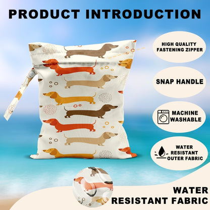 2Pcs Dog Wet Bags 12x10 Inch, Cute Dogs Waterproof Travel Laundry Bags, Washable Reusable Wet Dry Bag for Swimsuit Beach Diapers Dirty Yoga Gym Clothes, Dachshund Gifts for Women Friend Travelers