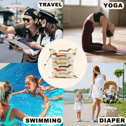 2Pcs Dog Wet Bags 12x10 Inch, Cute Dogs Waterproof Travel Laundry Bags, Washable Reusable Wet Dry Bag for Swimsuit Beach Diapers Dirty Yoga Gym Clothes, Dachshund Gifts for Women Friend Travelers