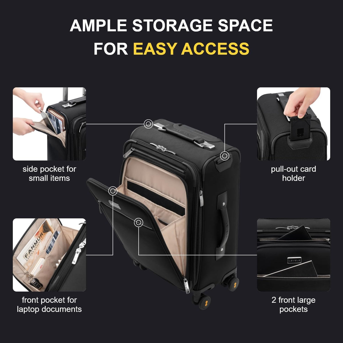 Carry On Luggage with Compartment, 20 Inch Softside Expandable Travel Suitcase with Spinner Wheels, Top Opening Luggage, Men and Women, Black